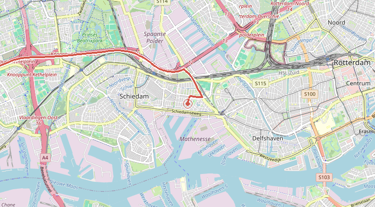 Kaart van de omgeving van de melding, met de kazerne die is gealarmeerd