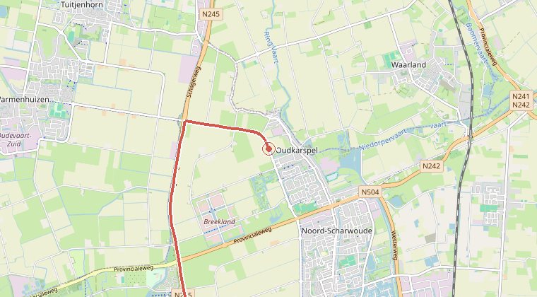 Kaart van de omgeving van de melding, met de kazerne die is gealarmeerd