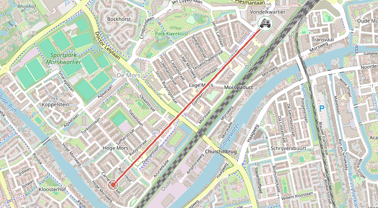 Kaart van de omgeving van de melding, met de kazerne die is gealarmeerd