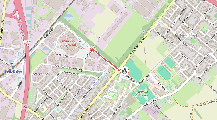 Kaart van de omgeving van de melding, met de kazerne die is gealarmeerd