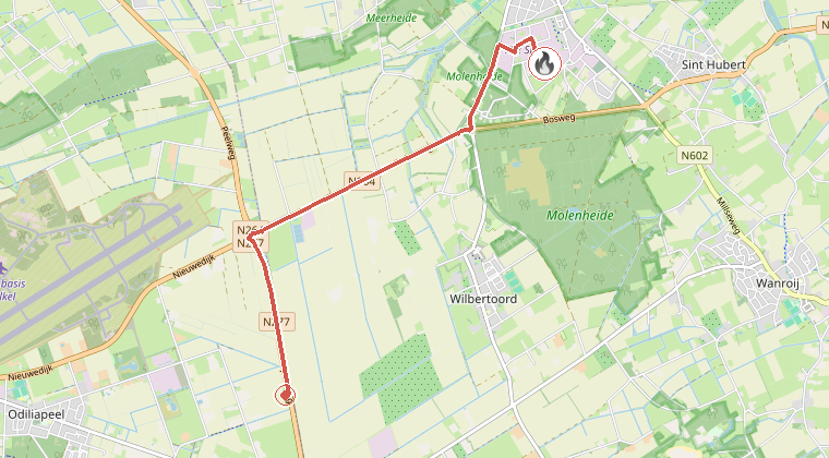 Kaart van de omgeving van de melding, met de kazerne die is gealarmeerd