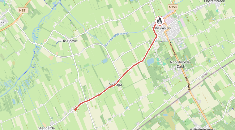 Kaart van de omgeving van de melding, met de kazerne die is gealarmeerd