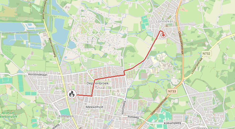 Kaart van de omgeving van de melding, met de kazerne die is gealarmeerd