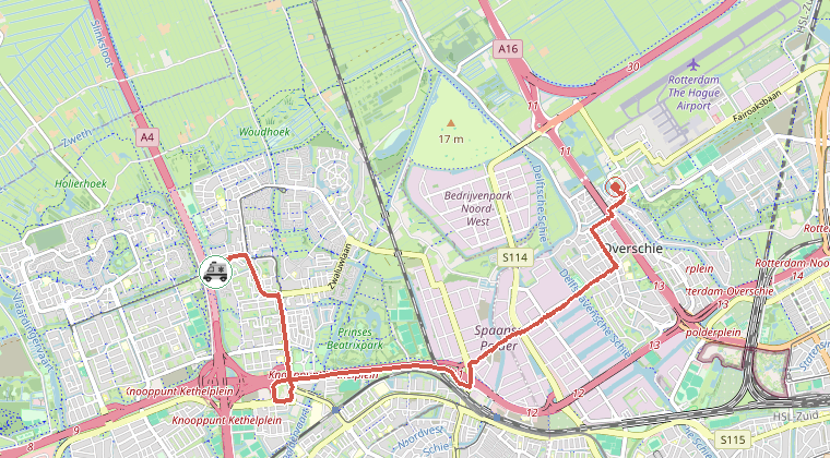 Kaart van de omgeving van de melding, met de kazerne die is gealarmeerd