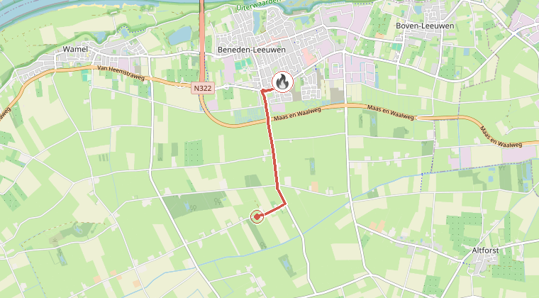Kaart van de omgeving van de melding, met de kazerne die is gealarmeerd