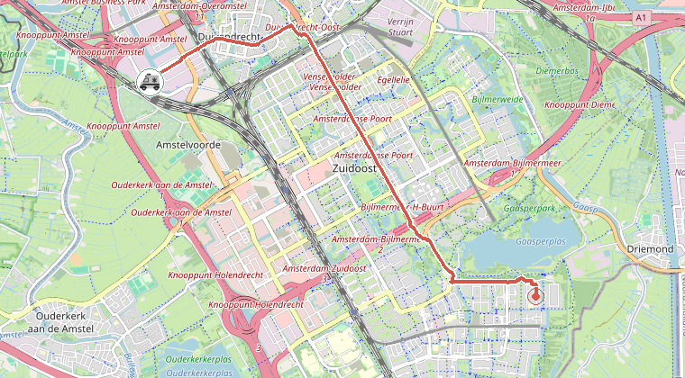 Kaart van de omgeving van de melding, met de kazerne die is gealarmeerd