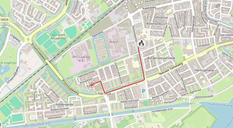 Kaart van de omgeving van de melding, met de kazerne die is gealarmeerd