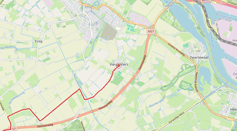 Kaart van de omgeving van de melding, met de kazerne die is gealarmeerd