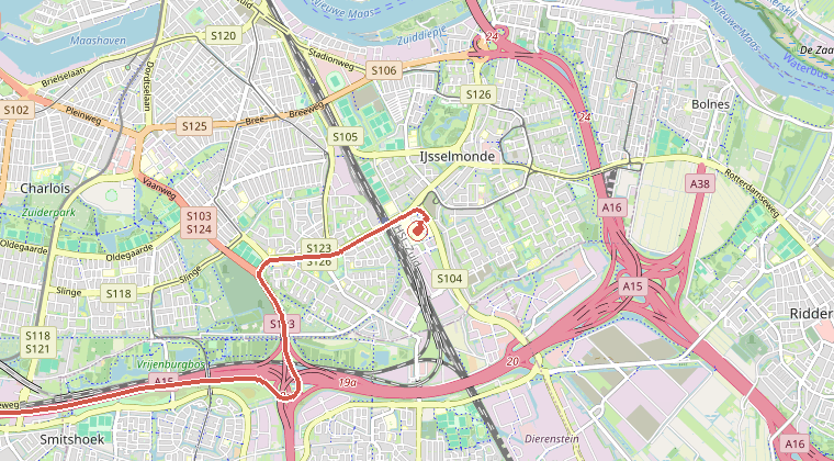 Kaart van de omgeving van de melding, met de kazerne die is gealarmeerd