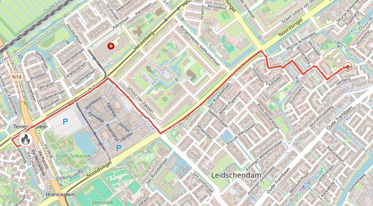 Kaart van de omgeving van de melding, met de kazerne die is gealarmeerd