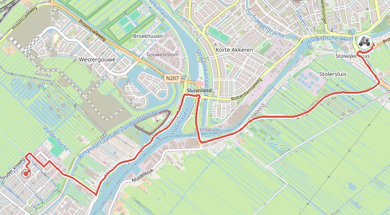 Kaart van de omgeving van de melding, met de kazerne die is gealarmeerd