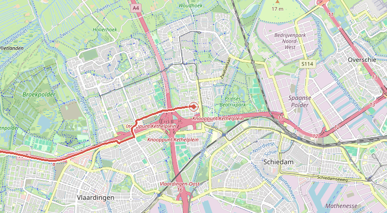 Kaart van de omgeving van de melding, met de kazerne die is gealarmeerd