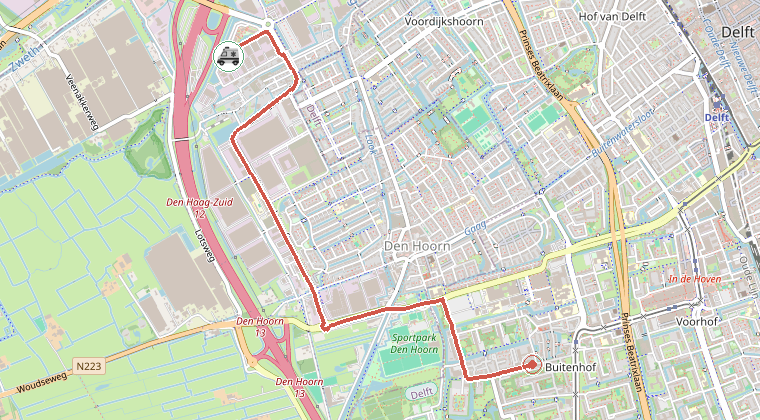 Kaart van de omgeving van de melding, met de kazerne die is gealarmeerd