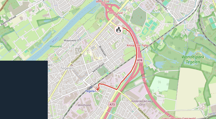 Kaart van de omgeving van de melding, met de kazerne die is gealarmeerd