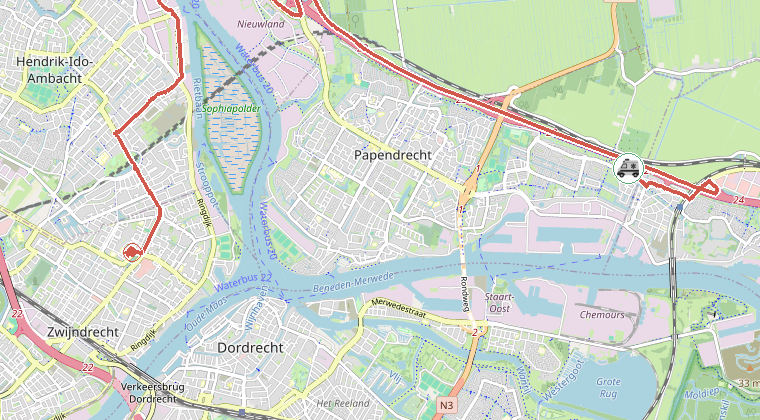 Kaart van de omgeving van de melding, met de kazerne die is gealarmeerd