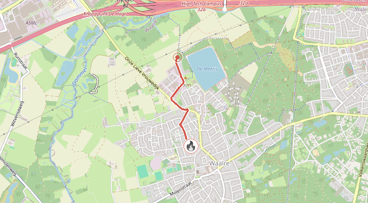 Kaart van de omgeving van de melding, met de kazerne die is gealarmeerd