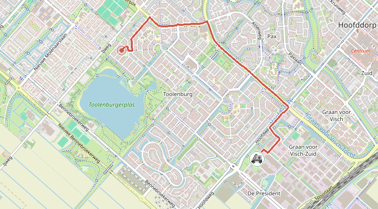 Kaart van de omgeving van de melding, met de kazerne die is gealarmeerd
