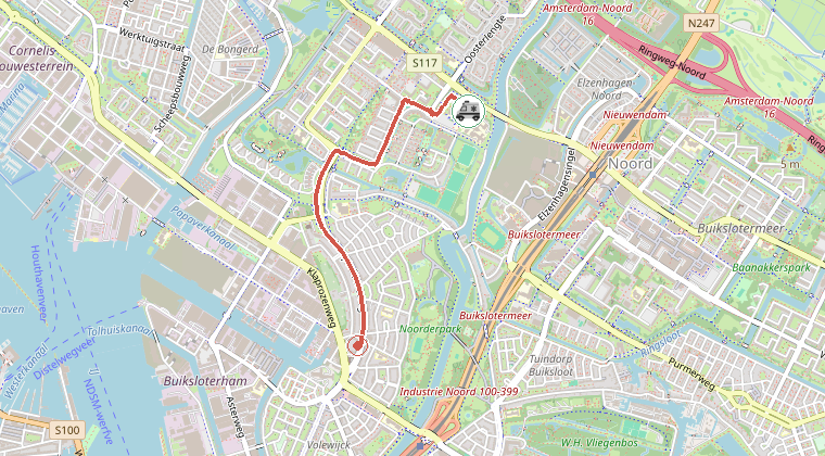 Kaart van de omgeving van de melding, met de kazerne die is gealarmeerd