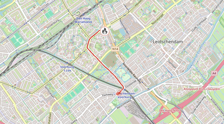 Kaart van de omgeving van de melding, met de kazerne die is gealarmeerd