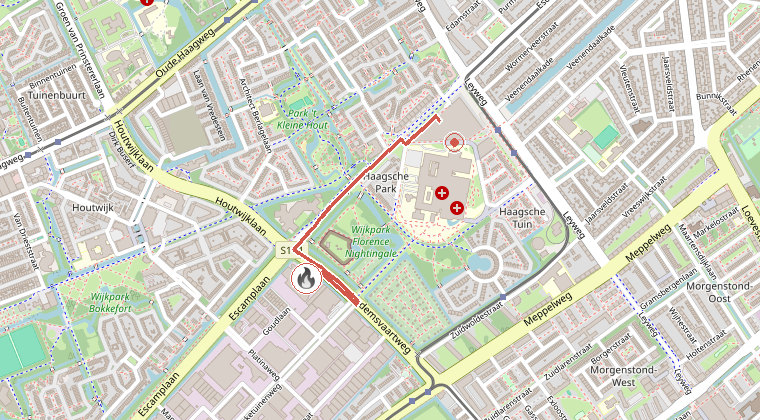 Kaart van de omgeving van de melding, met de kazerne die is gealarmeerd