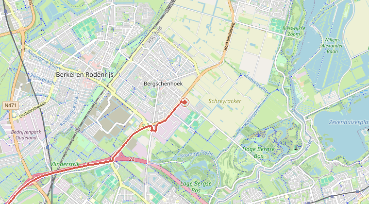 Kaart van de omgeving van de melding, met de kazerne die is gealarmeerd