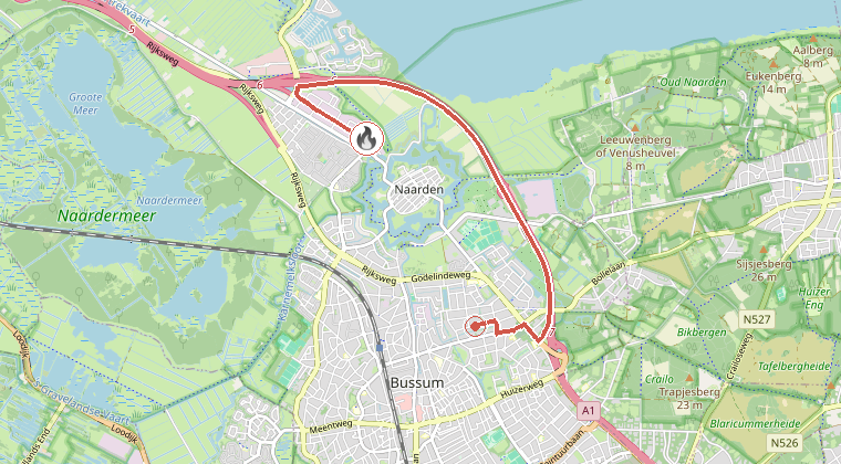 Kaart van de omgeving van de melding, met de kazerne die is gealarmeerd