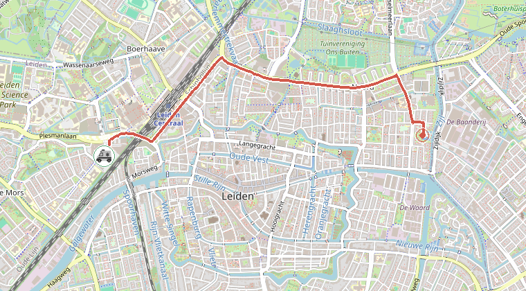 Kaart van de omgeving van de melding, met de kazerne die is gealarmeerd
