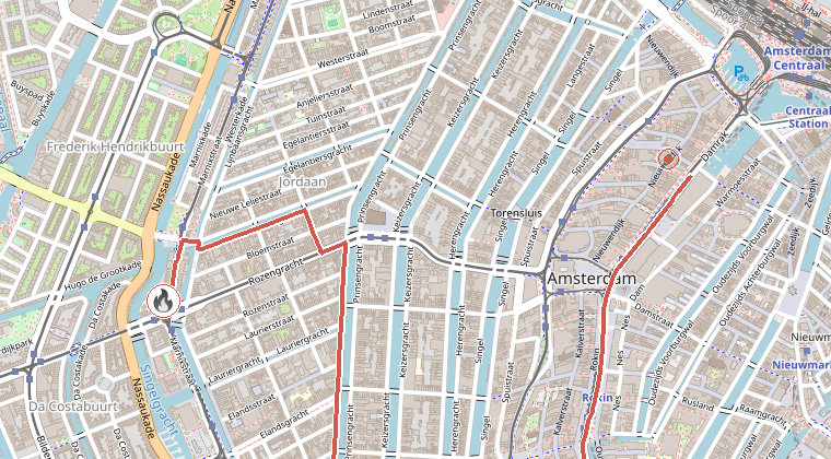 Kaart van de omgeving van de melding, met de kazerne die is gealarmeerd