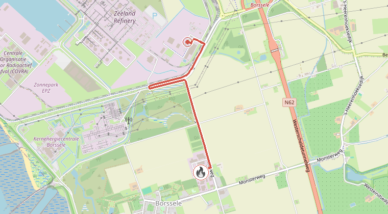 Kaart van de omgeving van de melding, met de kazerne die is gealarmeerd