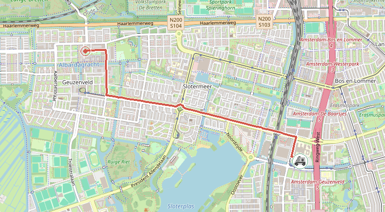 Kaart van de omgeving van de melding, met de kazerne die is gealarmeerd