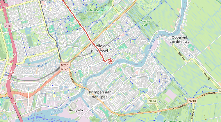 Kaart van de omgeving van de melding, met de kazerne die is gealarmeerd
