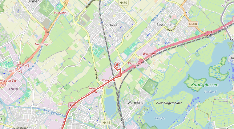 Kaart van de omgeving van de melding, met de kazerne die is gealarmeerd