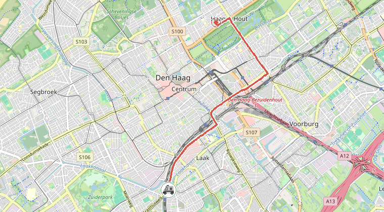 Kaart van de omgeving van de melding, met de kazerne die is gealarmeerd