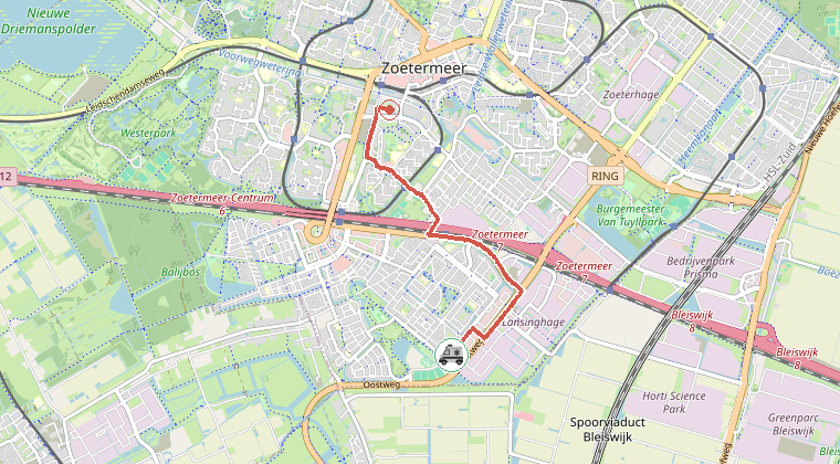 Kaart van de omgeving van de melding, met de kazerne die is gealarmeerd
