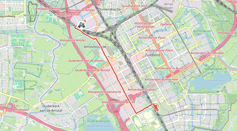 Kaart van de omgeving van de melding, met de kazerne die is gealarmeerd