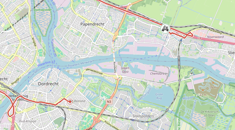 Kaart van de omgeving van de melding, met de kazerne die is gealarmeerd