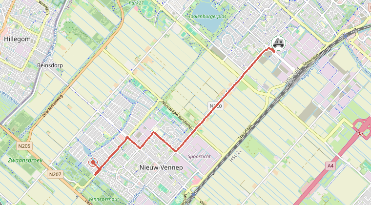 Kaart van de omgeving van de melding, met de kazerne die is gealarmeerd