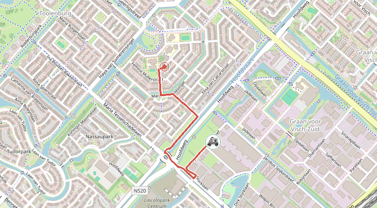 Kaart van de omgeving van de melding, met de kazerne die is gealarmeerd