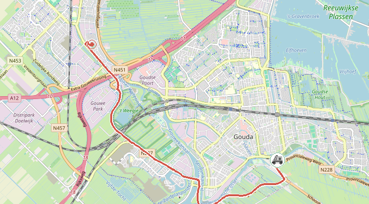 Kaart van de omgeving van de melding, met de kazerne die is gealarmeerd