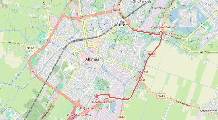 Kaart van de omgeving van de melding, met de kazerne die is gealarmeerd
