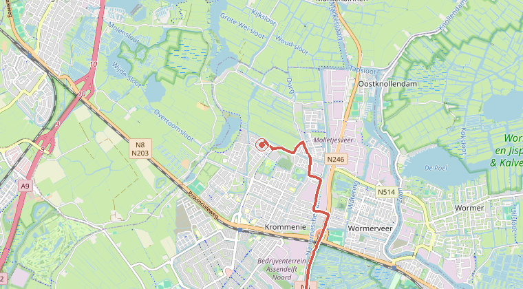 Kaart van de omgeving van de melding, met de kazerne die is gealarmeerd