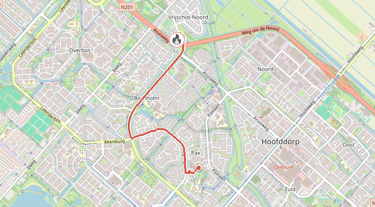 Kaart van de omgeving van de melding, met de kazerne die is gealarmeerd