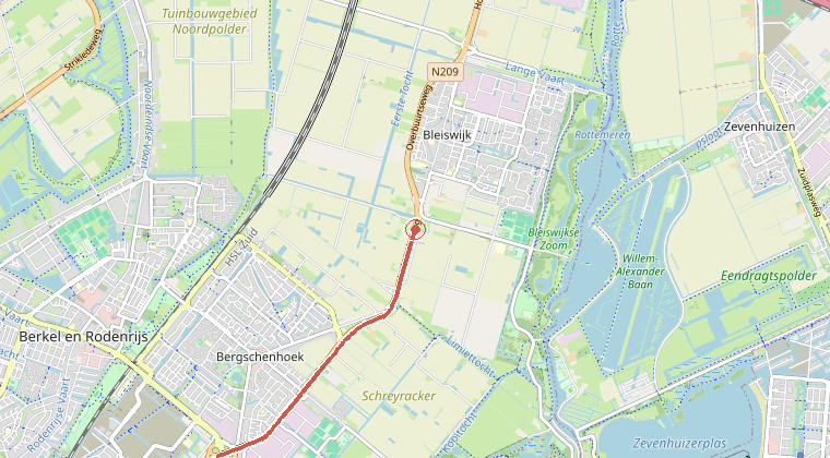 Kaart van de omgeving van de melding, met de kazerne die is gealarmeerd