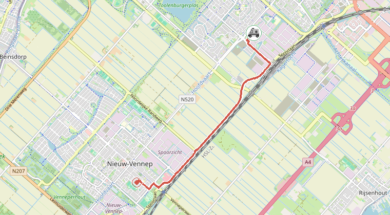 Kaart van de omgeving van de melding, met de kazerne die is gealarmeerd