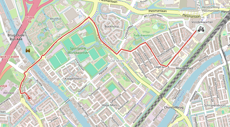 Kaart van de omgeving van de melding, met de kazerne die is gealarmeerd