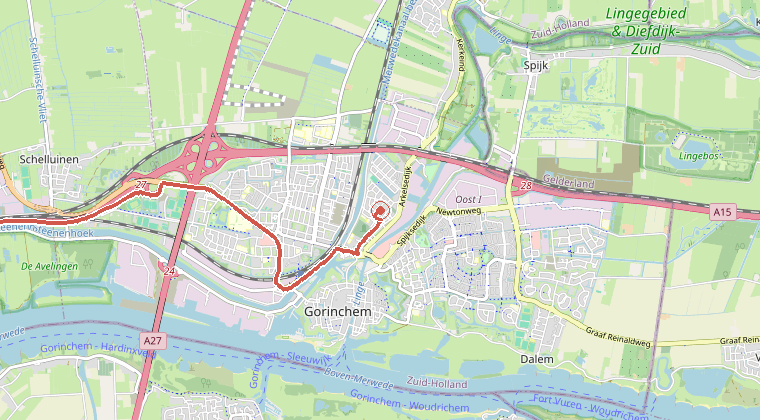 Kaart van de omgeving van de melding, met de kazerne die is gealarmeerd