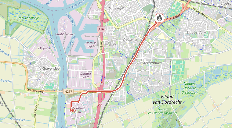 Kaart van de omgeving van de melding, met de kazerne die is gealarmeerd