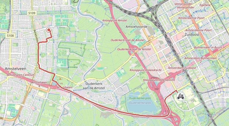 Kaart van de omgeving van de melding, met de kazerne die is gealarmeerd