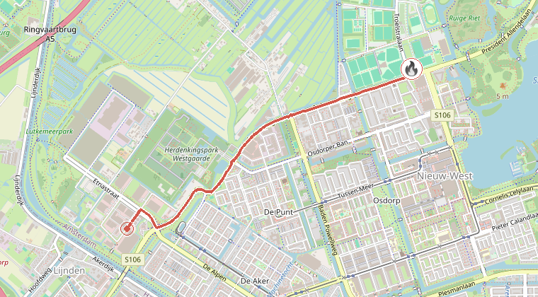 Kaart van de omgeving van de melding, met de kazerne die is gealarmeerd