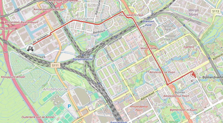 Kaart van de omgeving van de melding, met de kazerne die is gealarmeerd